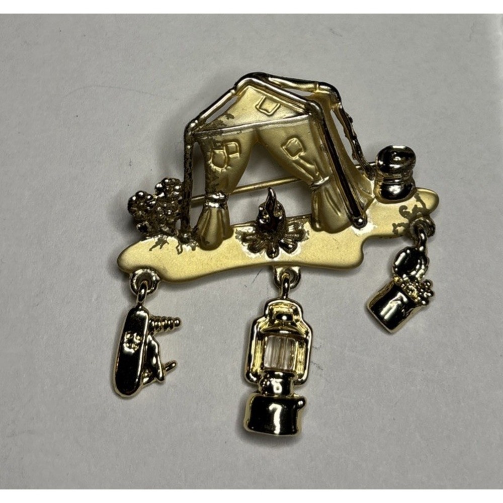 Vintage Danecraft Camping Tent Brooch Gold Tone Dangle Charms